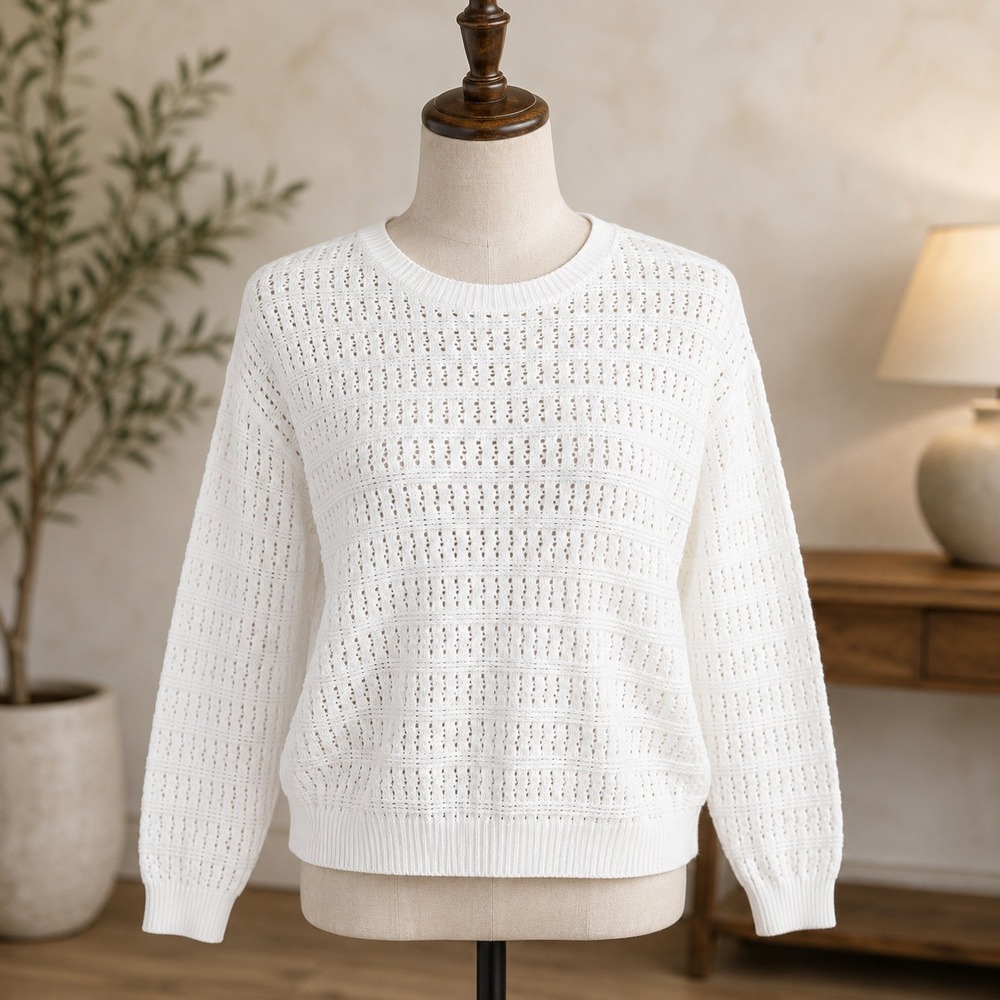 NWT Cupshe Crochet Knit Sweater  Small White V-Neck Long Sleeve CAA06D3G001CC